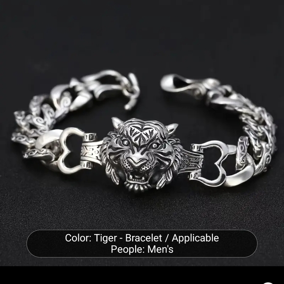 Men's Stainless Steel Silver Tiger Head Bracelet 8" - Picture 2 of 11